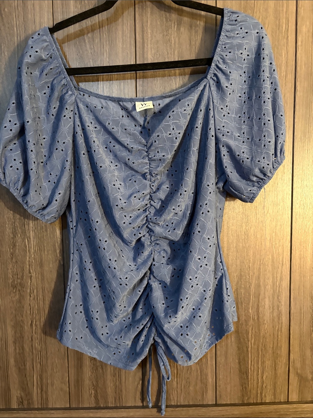 Wrapper Blue Eyelet Ruched Drawstring Puff Sleeve Top